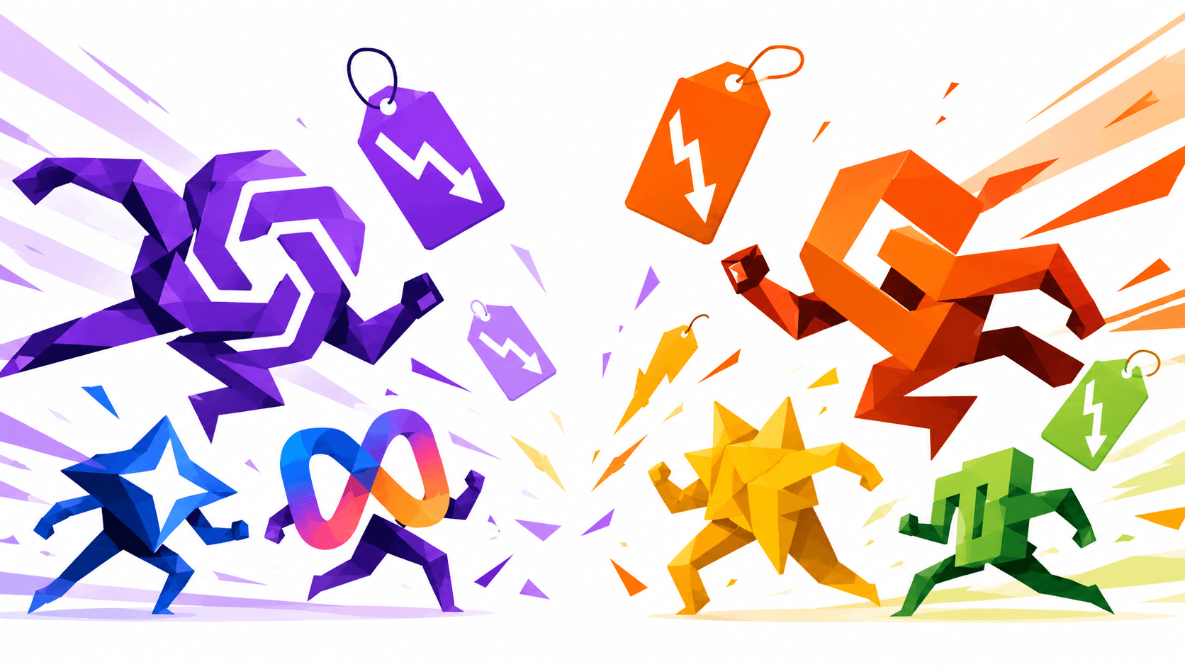 Illustration de la guerre des prix entre modèles IA avec des étiquettes de prix en chute libre