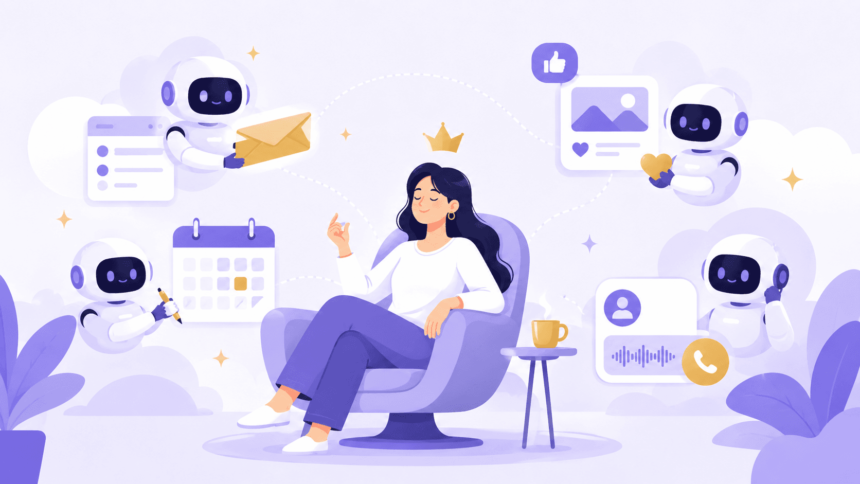 Illustration d'un indépendant entouré d'agents IA no-code gérant emails, agenda et réseaux sociaux automatiquement