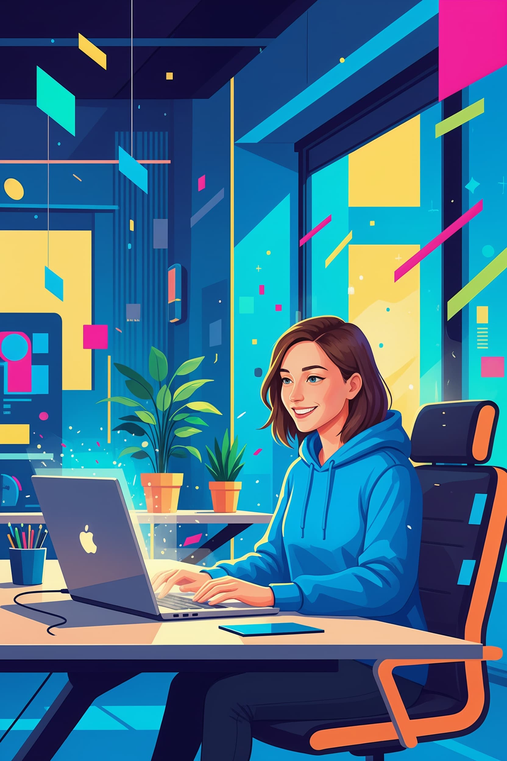 Illustration d’une femme travaillant sur un ordinateur portable dans un univers numérique coloré