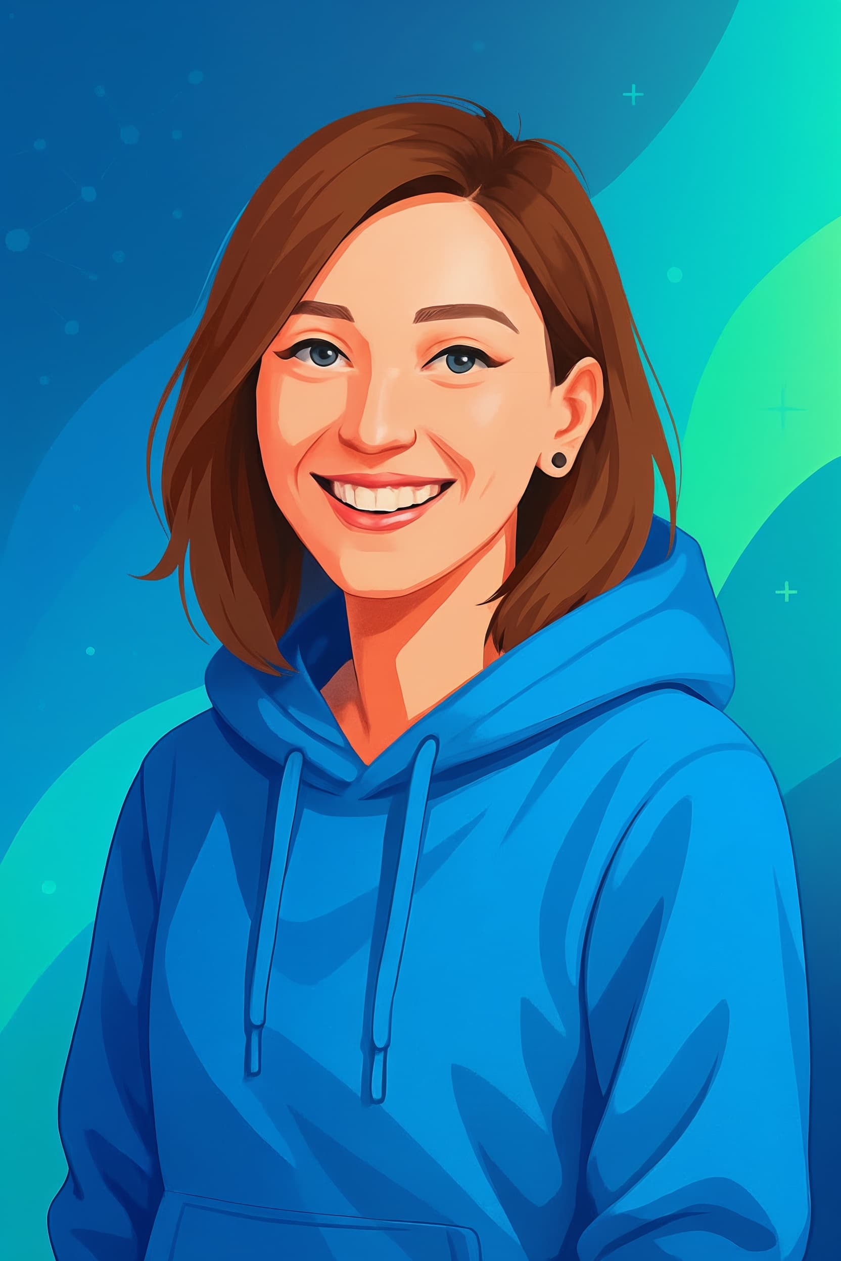 Portrait illustré d’Amandine Velt en sweat bleu sur un fond bleu et turquoise